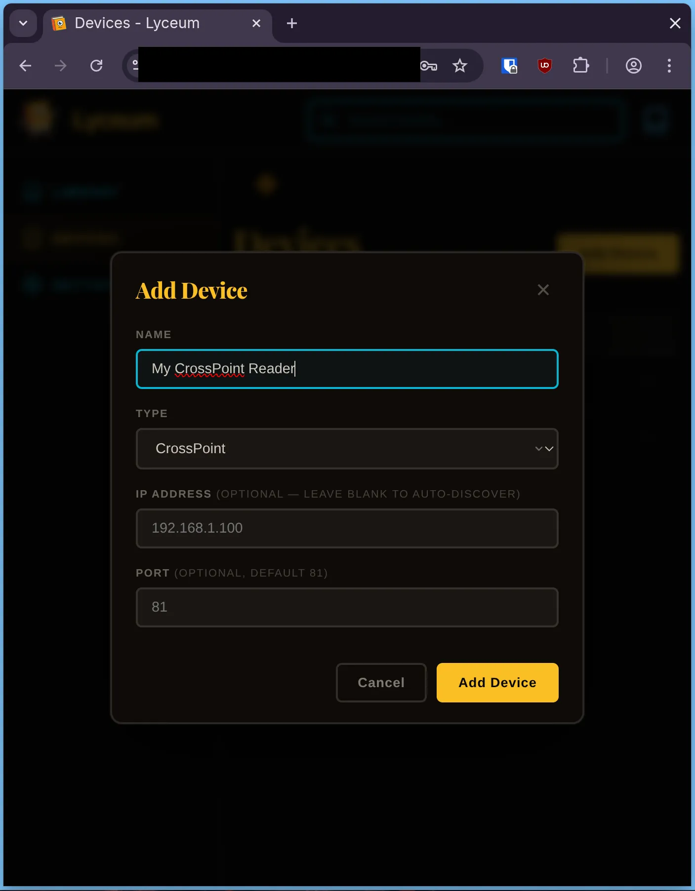 CrossPoint add device screen in Lyceum