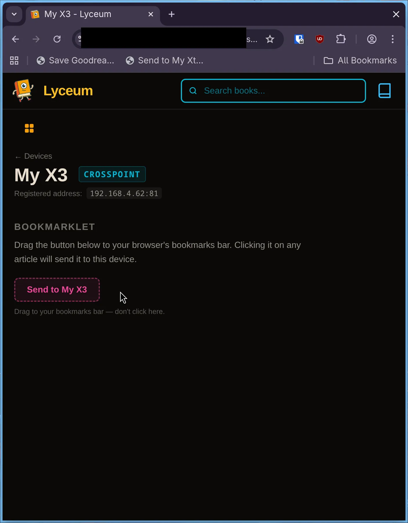 Bookmarklet section on the device page in Lyceum